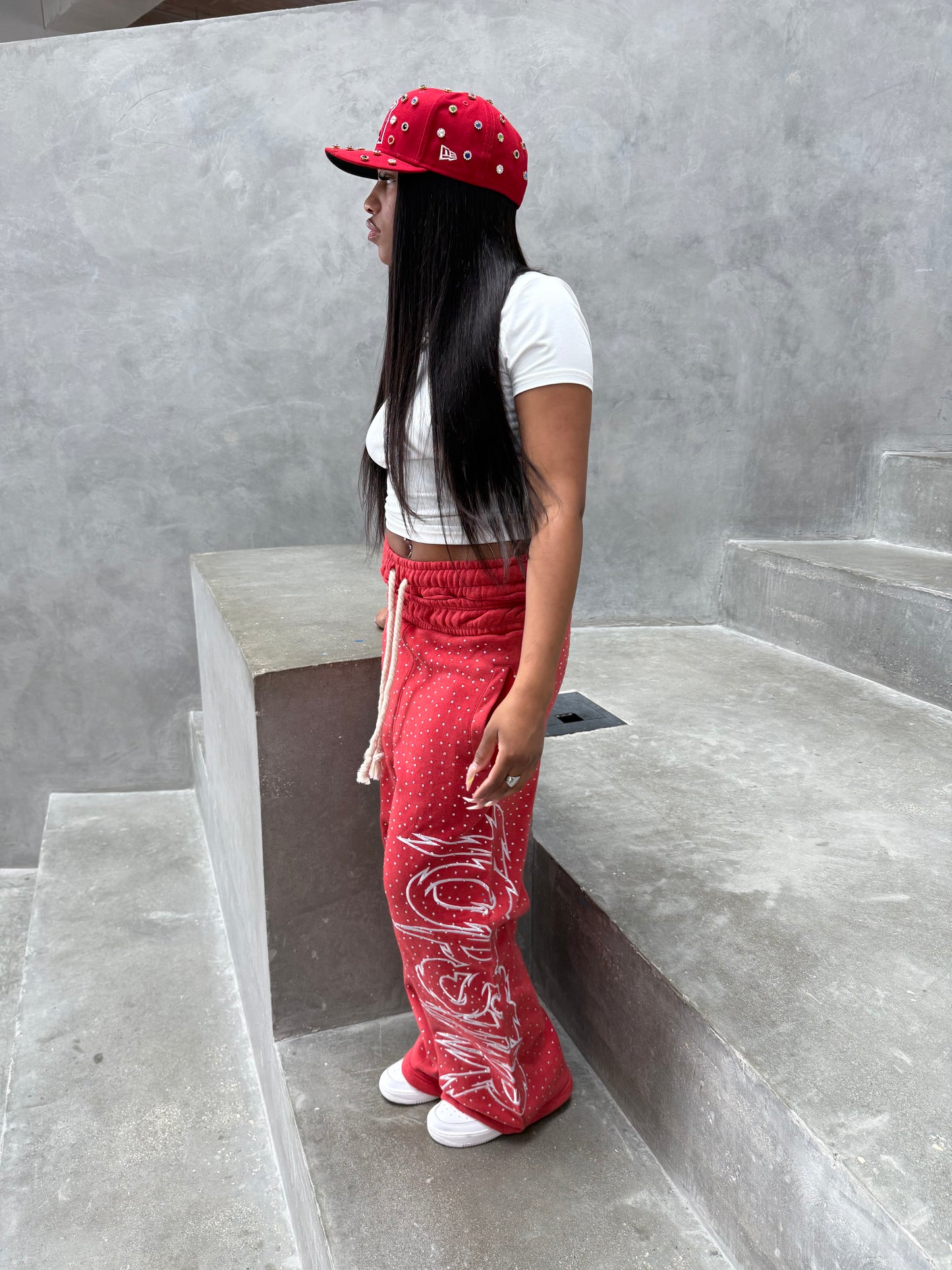 "Double Waisted Rhinestone Sweats"(Red)