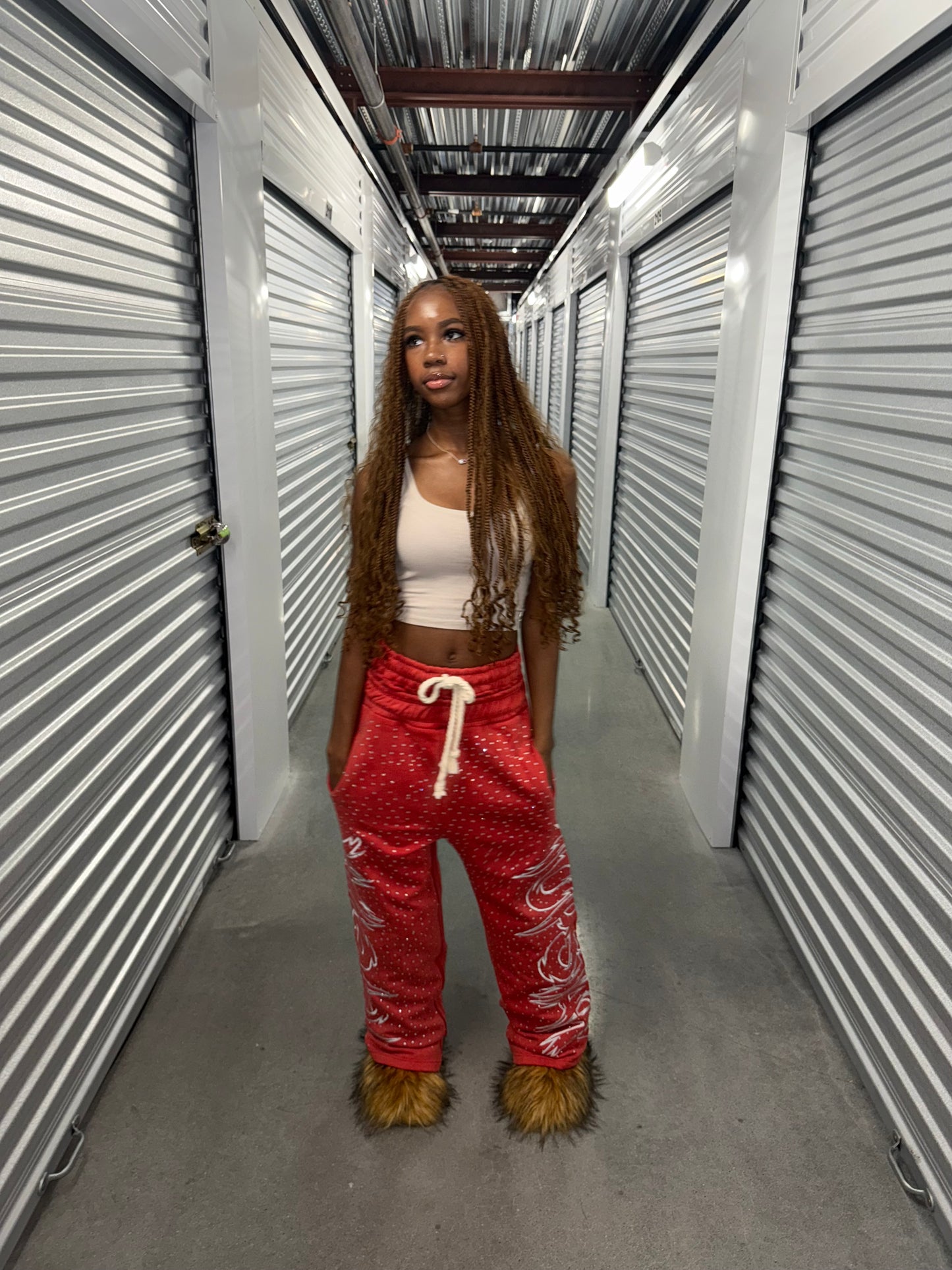 "Double Waisted Rhinestone Sweats"(Red)