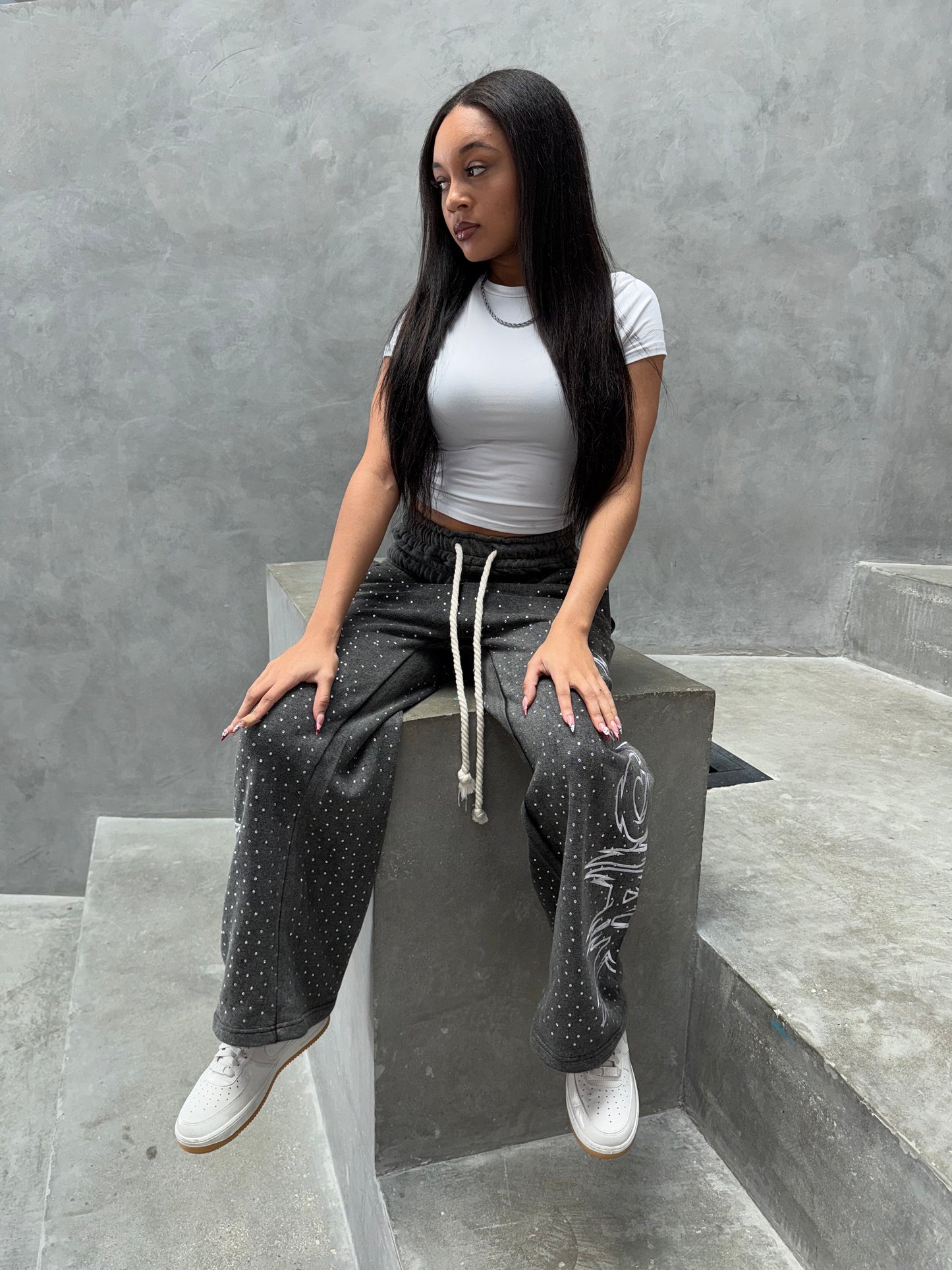 "Double Waisted Rhinestone Sweats"(Black)