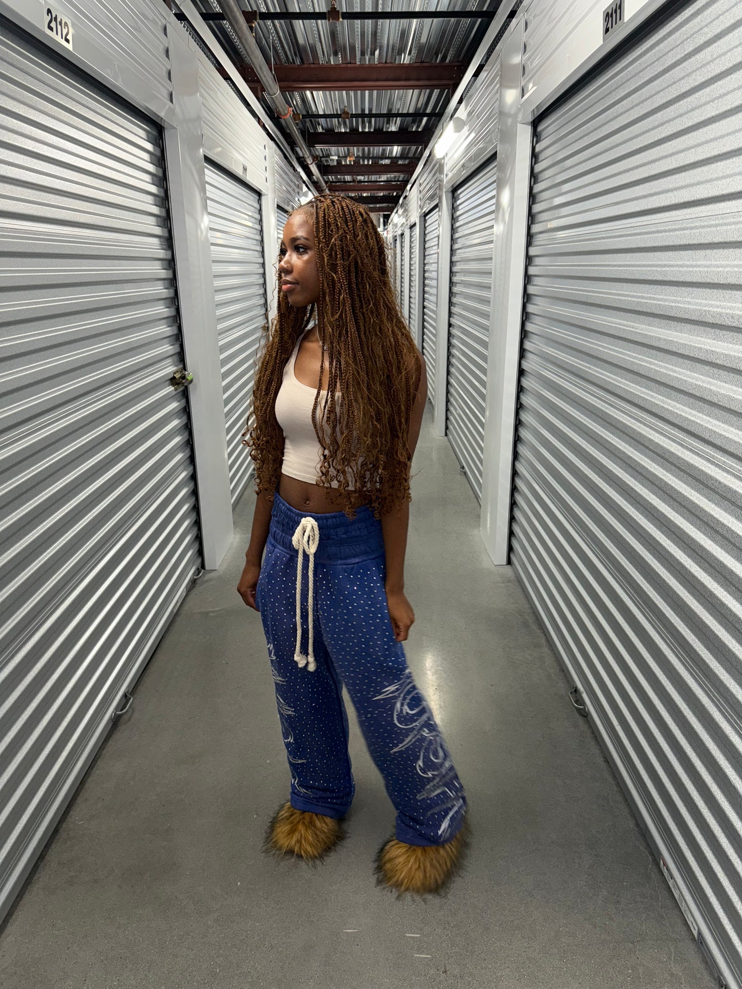 "Double Waisted Rhinestone Sweats"(Blue)