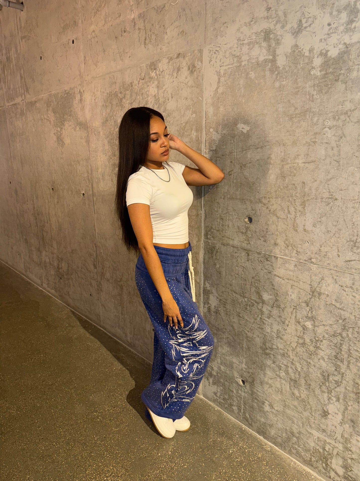 "Double Waisted Rhinestone Sweats"(Blue)