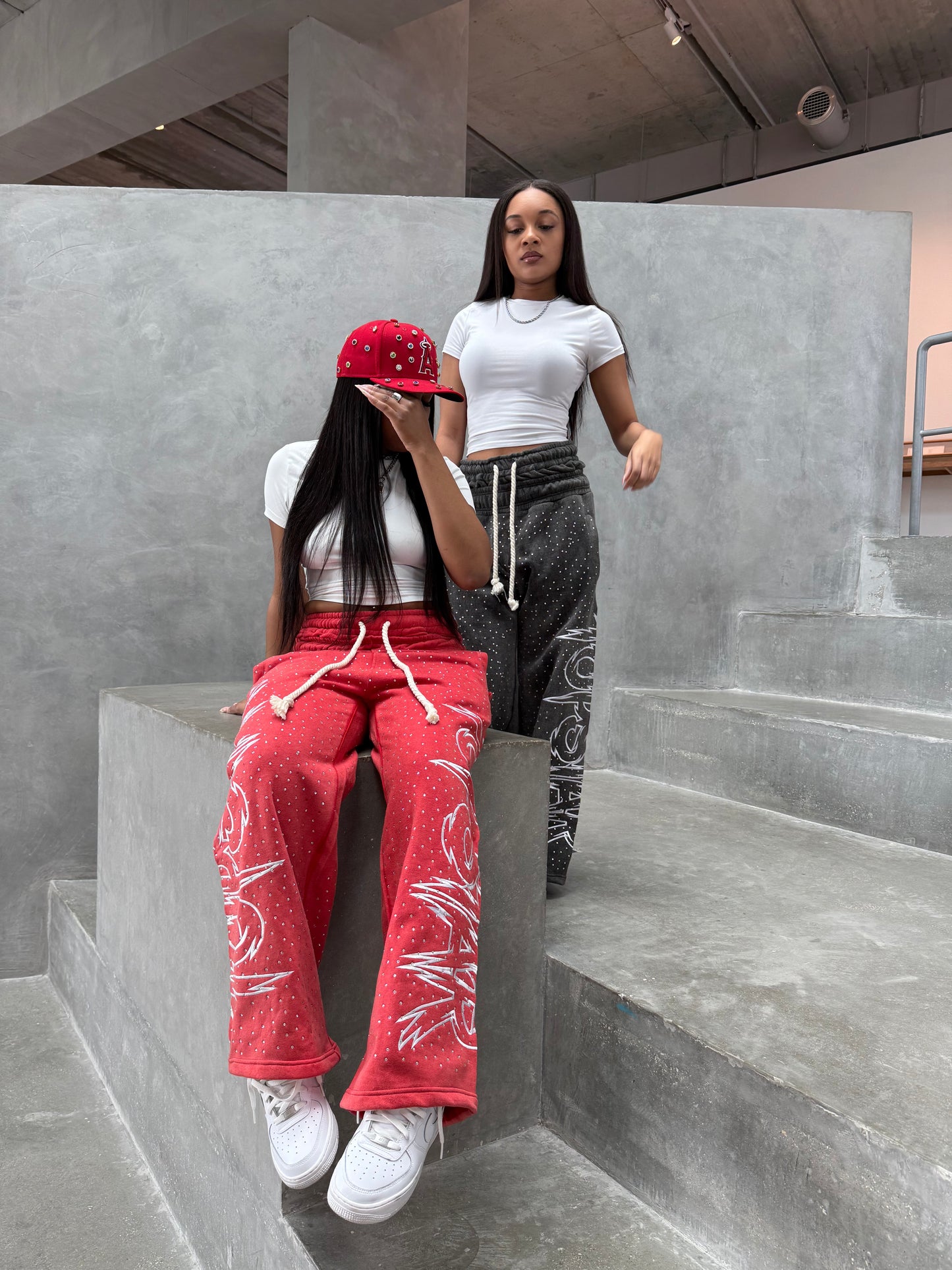 "Double Waisted Rhinestone Sweats"(Red)