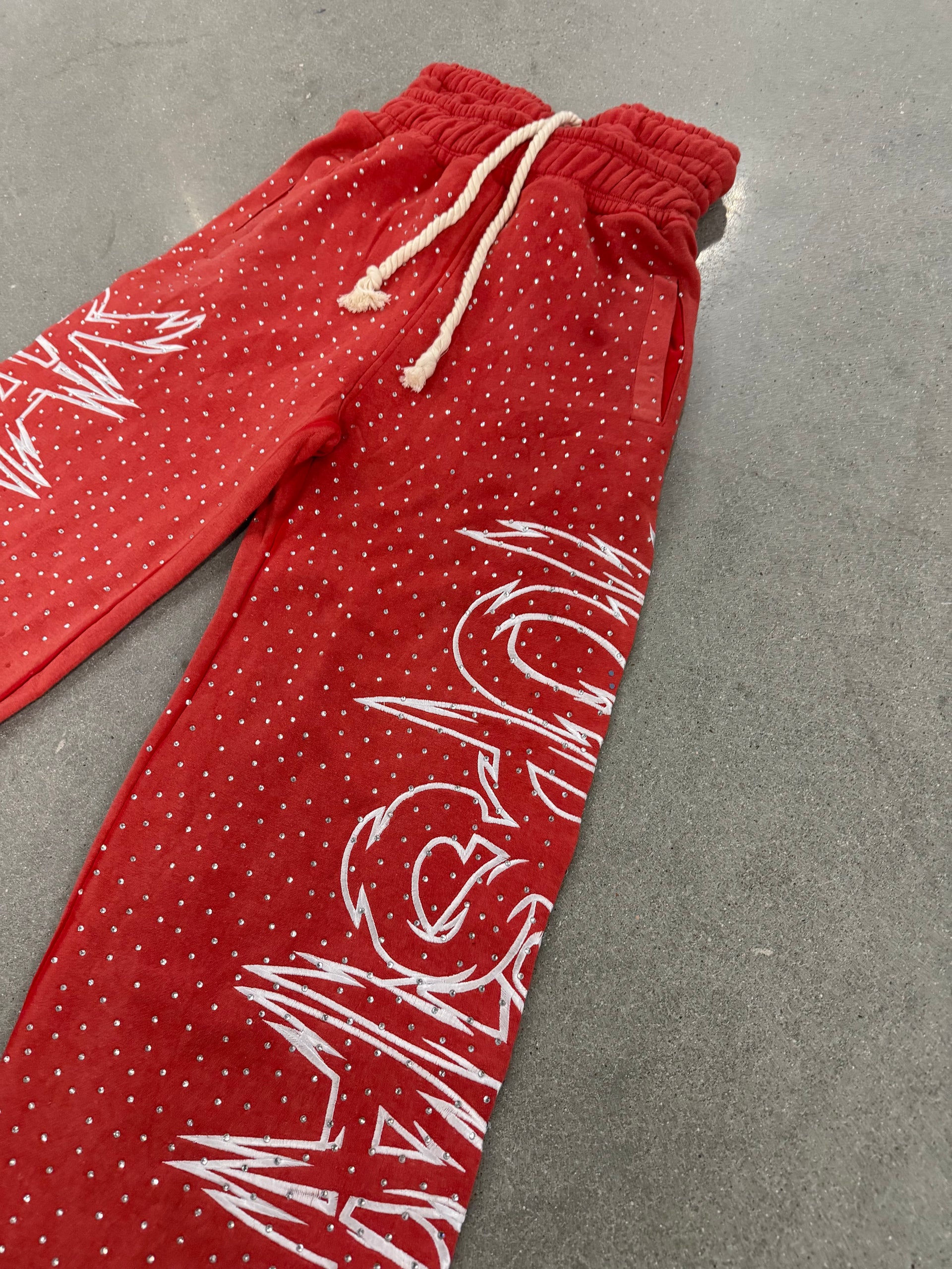 "Double Waisted Rhinestone Sweats"(Red)