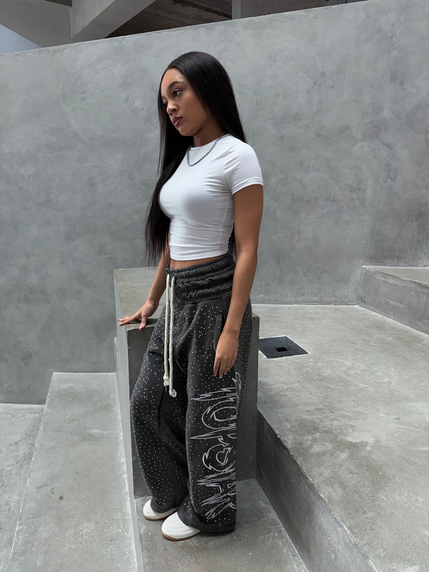 "Double Waisted Rhinestone Sweats"(Black)