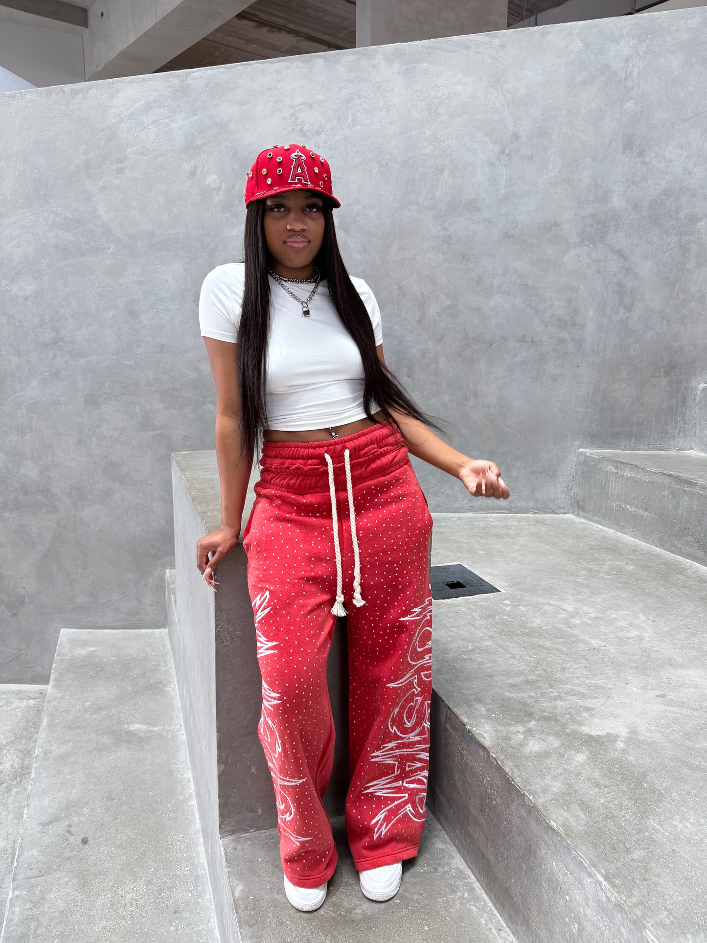 "Double Waisted Rhinestone Sweats"(Red)