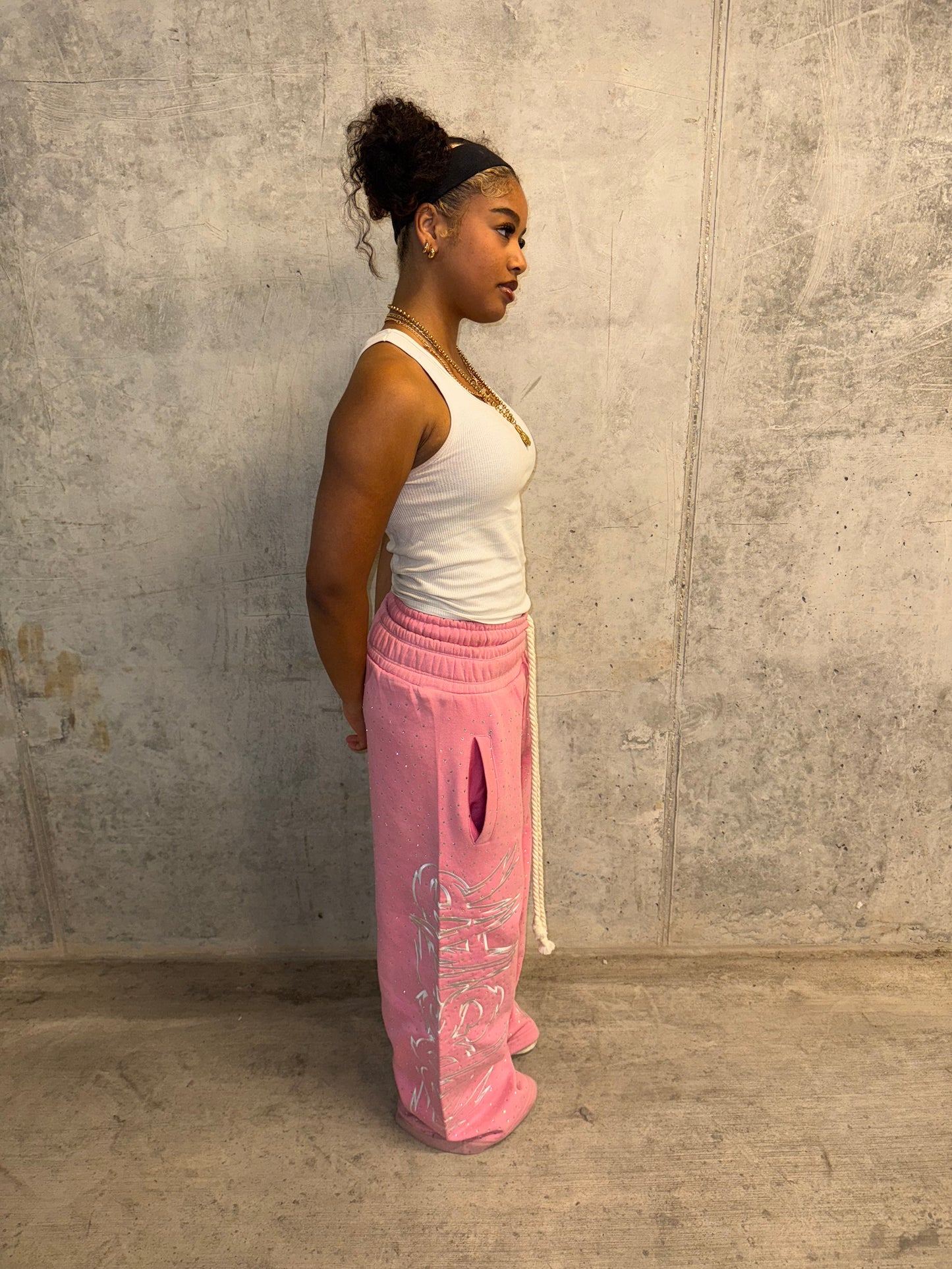 "Double Waisted Rhinestone Sweats"(Pink)